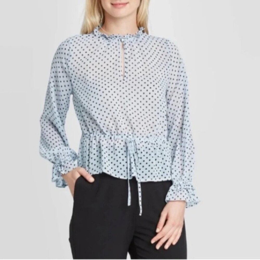 Who What Wear Top Women’s Small Blue Top With Black Polka Dots Sheer Ruffles